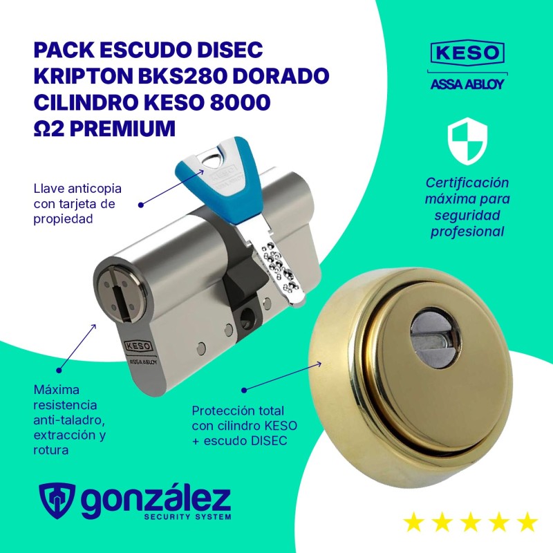 ESCUDO DISEC KRIPTON BKS 280 CON CILINDRO DE ALTA SEGURIDAD KESO 8000 Ω2 PREMIUM