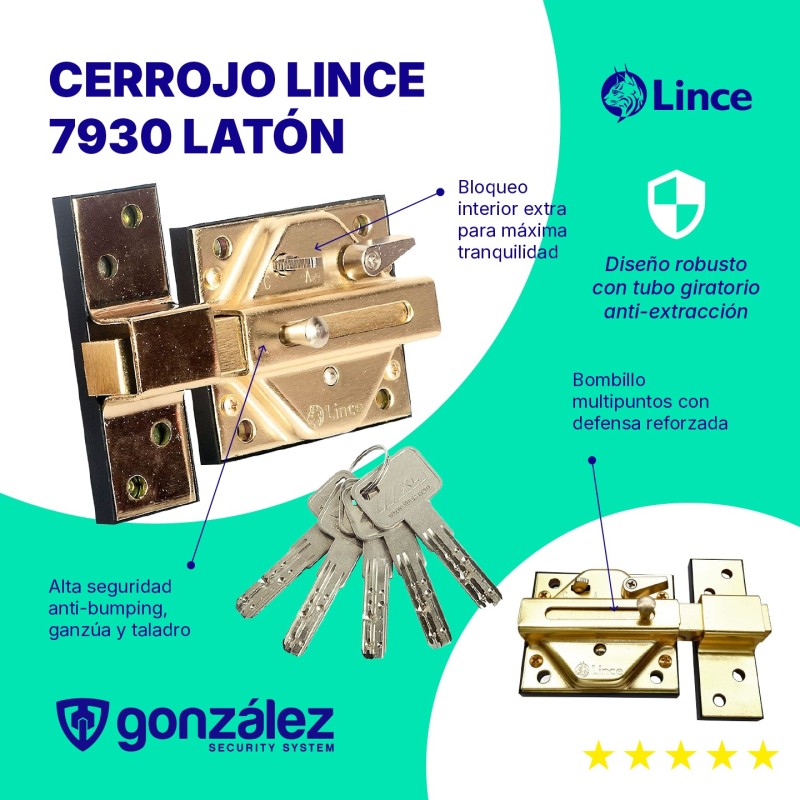 Cerrojo LINCE 7930 Laton | Ferretería González