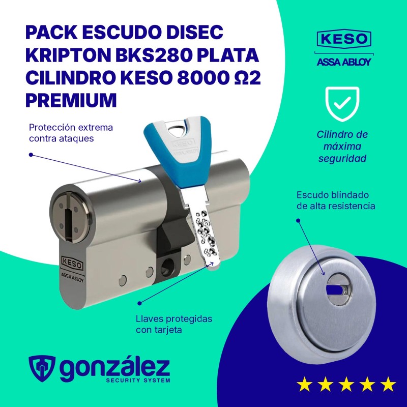 Escudo DISEC KRIPTON BKS280 PLATA + Cilindro KESO 8000