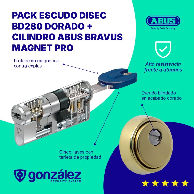 PACK Escudo DISEC BD280 Dorado + Cilindro ABUS BRAVUS Magnet PRO