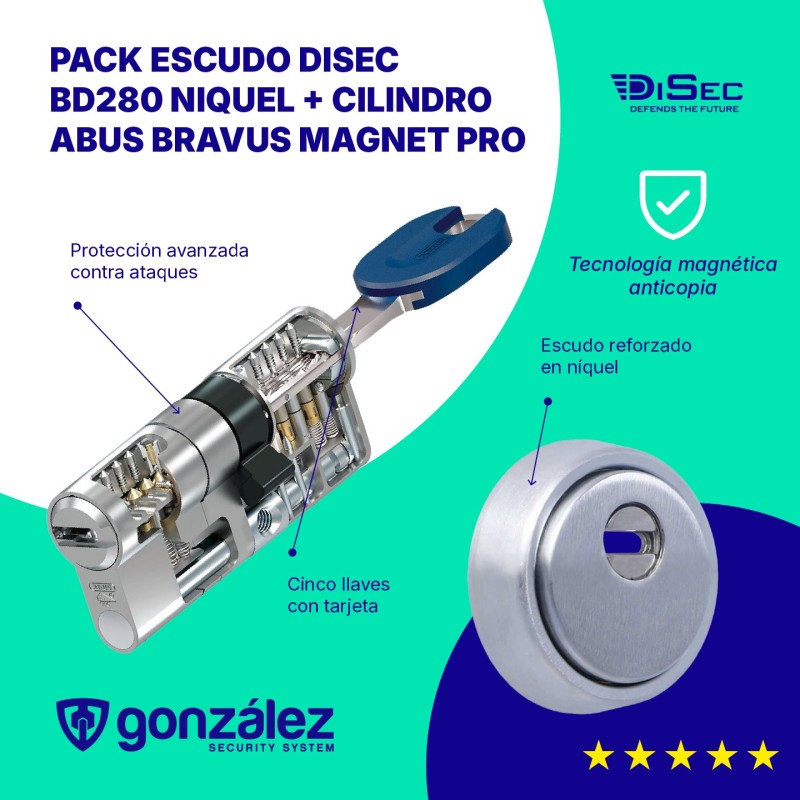 PACK Escudo DISEC BD280 Plata + Cilindro ABUS BRAVUS Magnet PRO