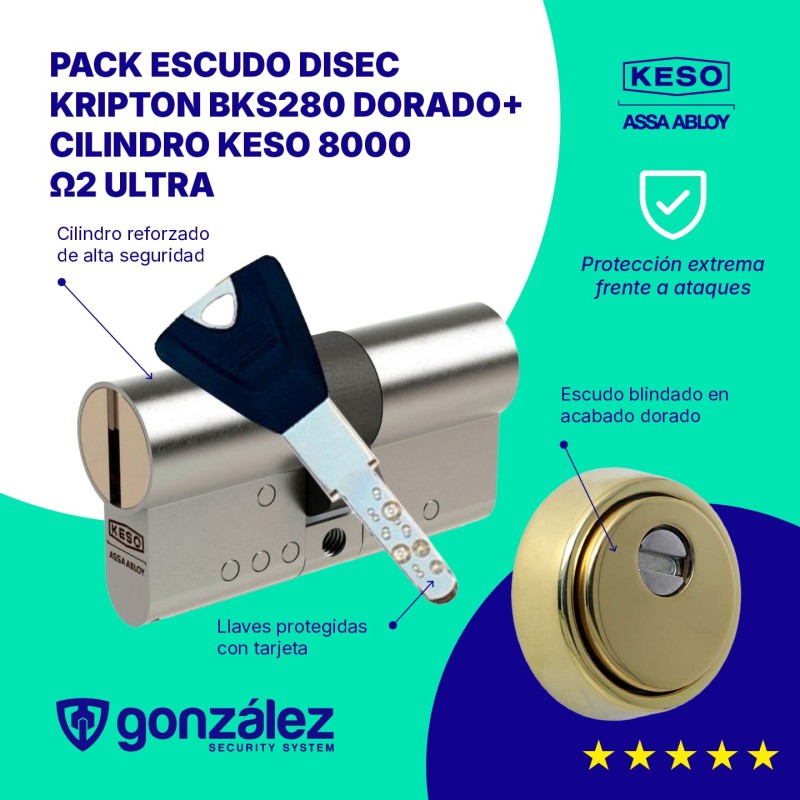 Pack Escudo DISEC KRIPTON BKS280 Dorado + Cilindro KESO 8000
