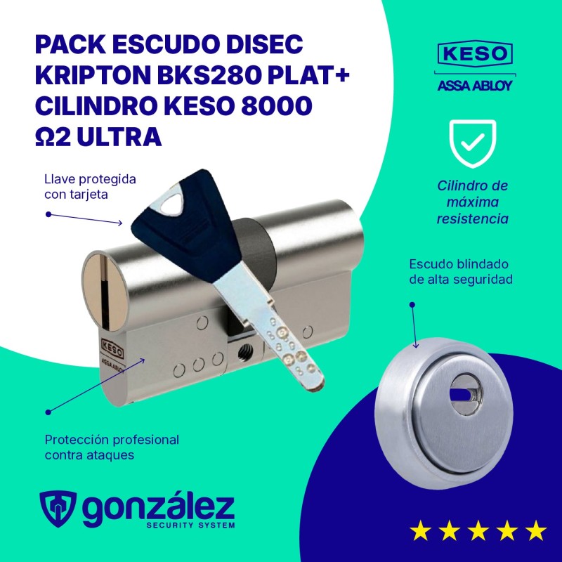 Escudo DISEC KRIPTON BKS280 Plata + Cilindro KESO 8000