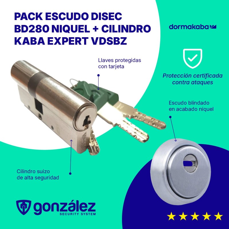 Pack Escudo DISEC BD280 Niquel + Cilindro KABA Expert VDSBZ