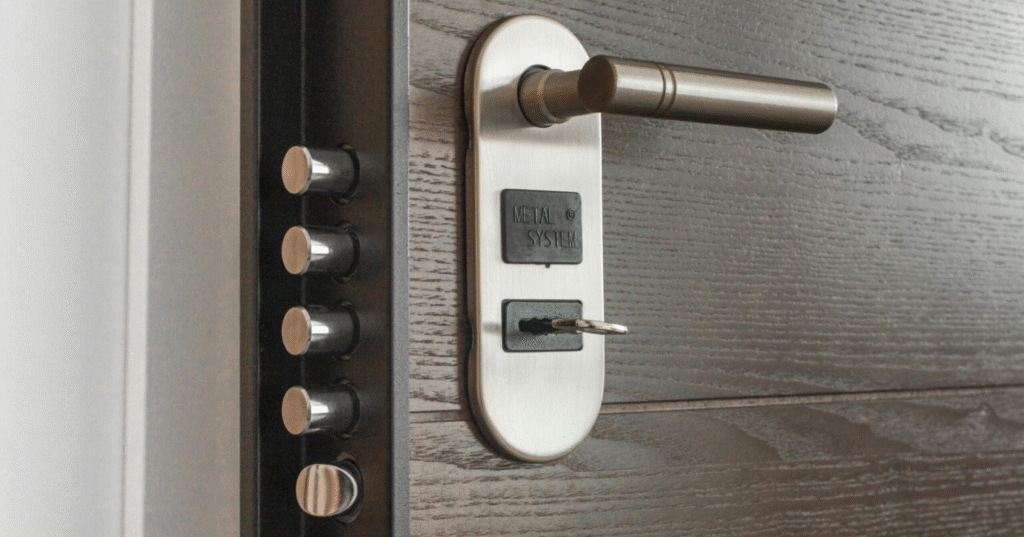 Imagen de una puerta blindada con sistema de seguridad reforzado. Se muestra una manivela en acabado níquel con bombín de seguridad Metal System y cinco buzones de acero laterales, ofreciendo un cierre perimetral reforzado frente a intentos de apertura forzada, palanca y bumping. Solución ideal para viviendas y negocios donde quieran reforzar la seguridad.